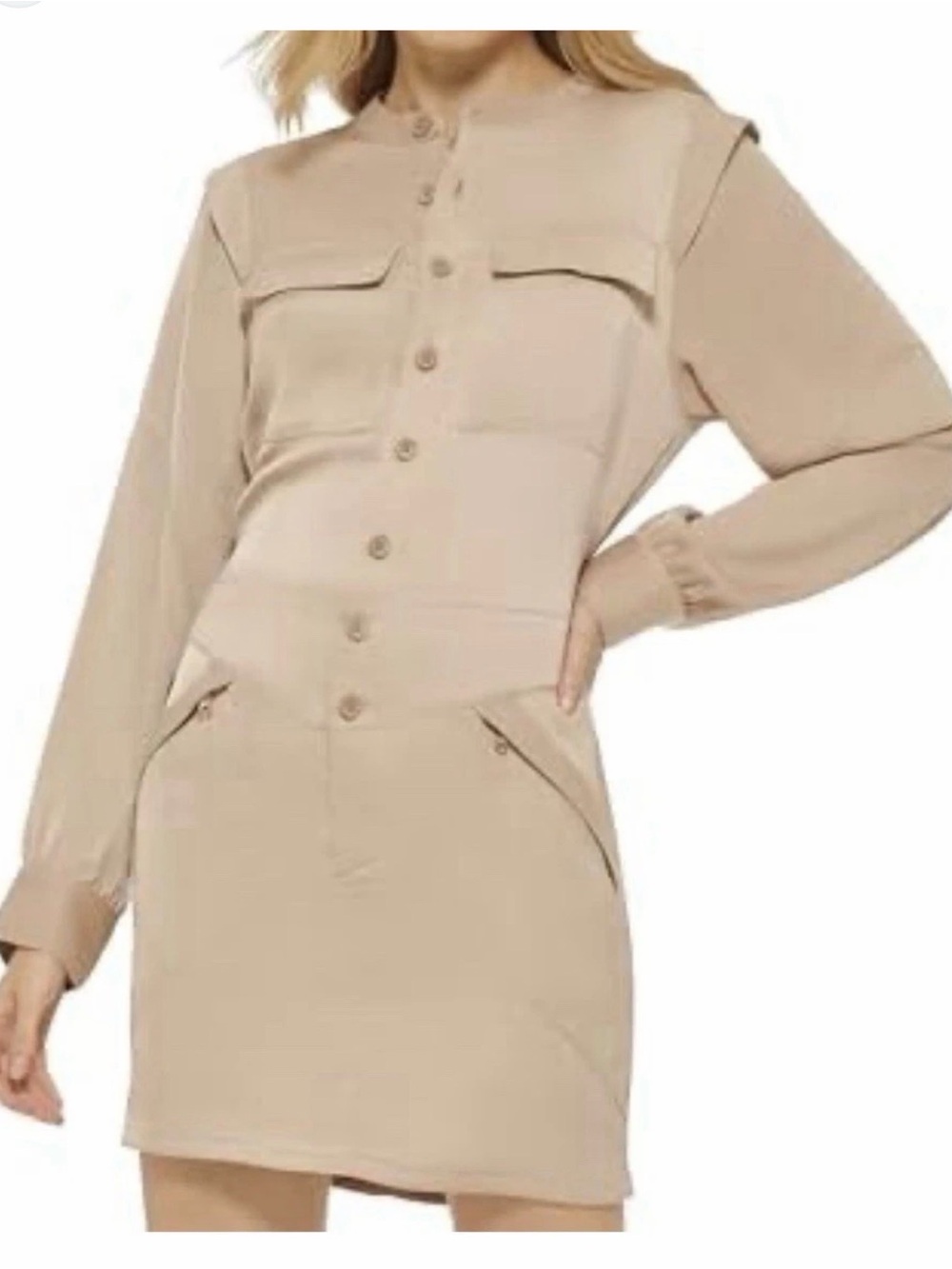 DKNY Safari Khaki Shirt Dress Button Front Long Puff Sleeve Pockets M